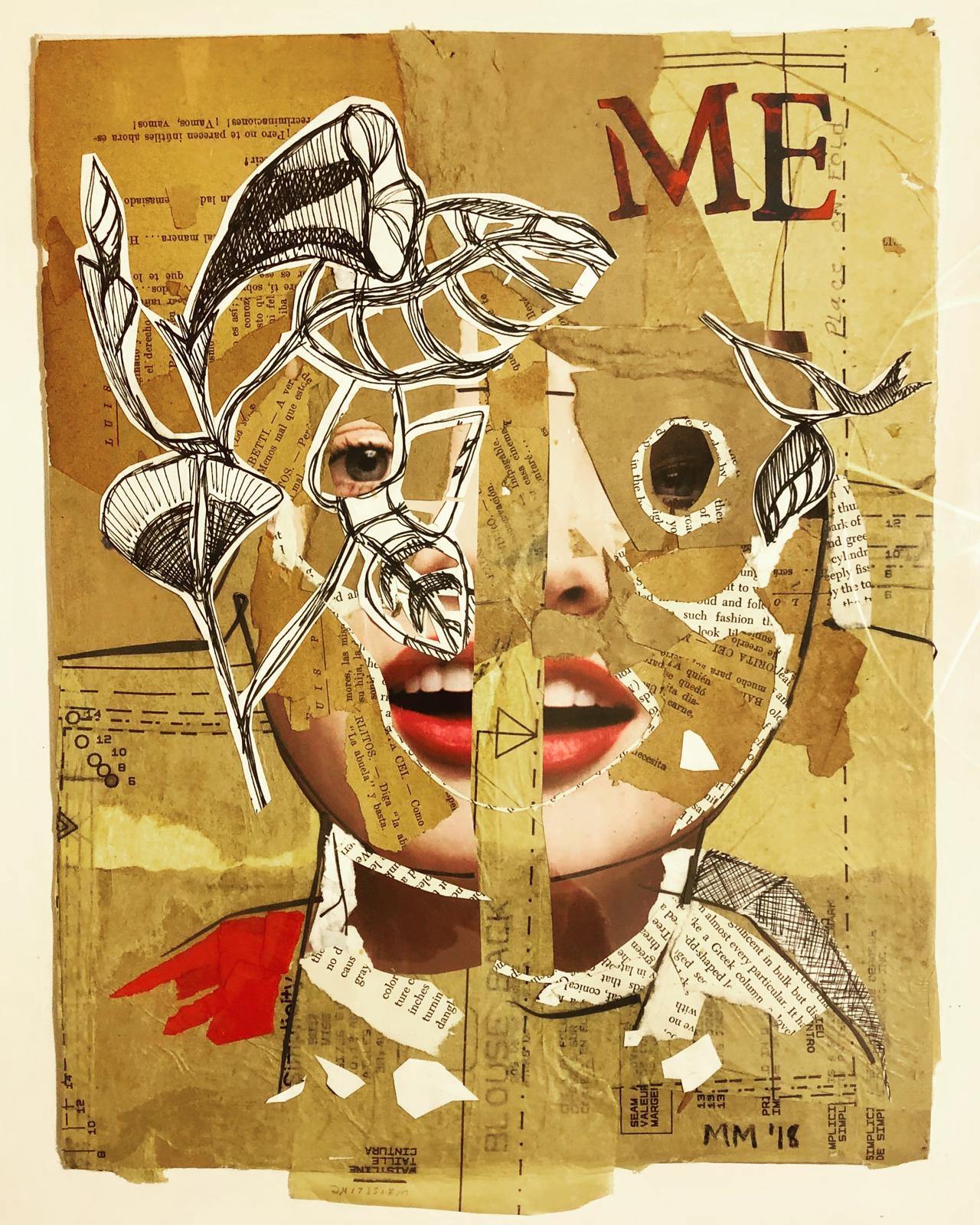 Collage art with a woman's face, leaves, and text on a textured background
