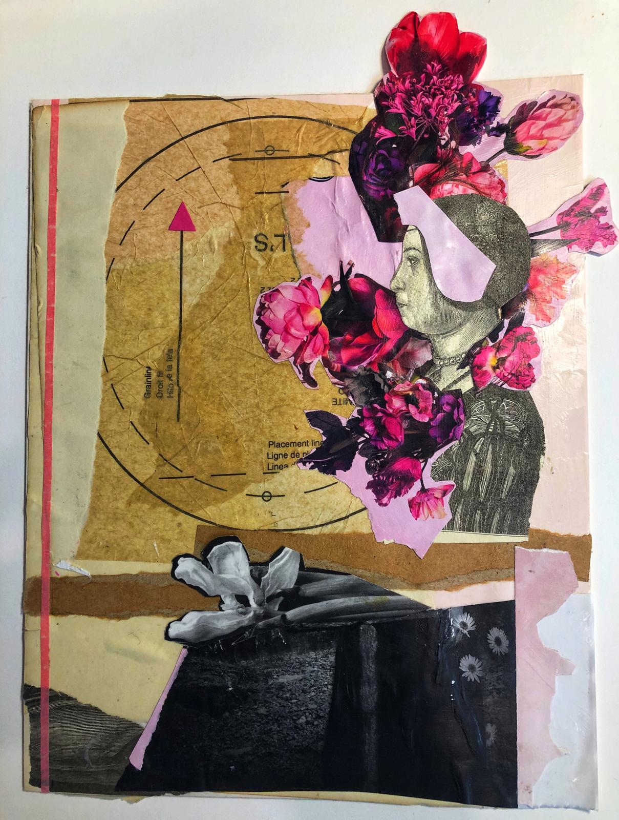 Collage art with flowers, a woman's face, and a hat on an old book cover.