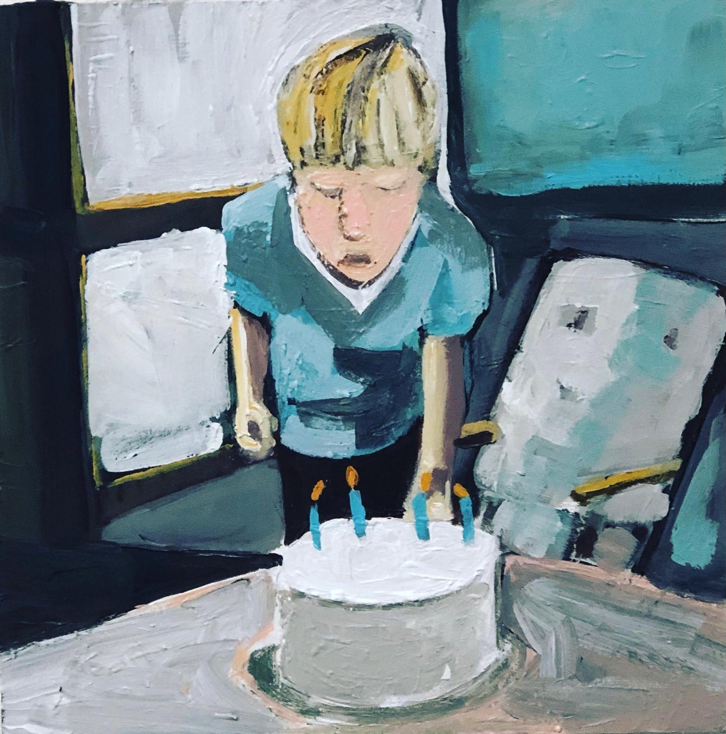 Painting of a child blowing out candles on a birthday cake.