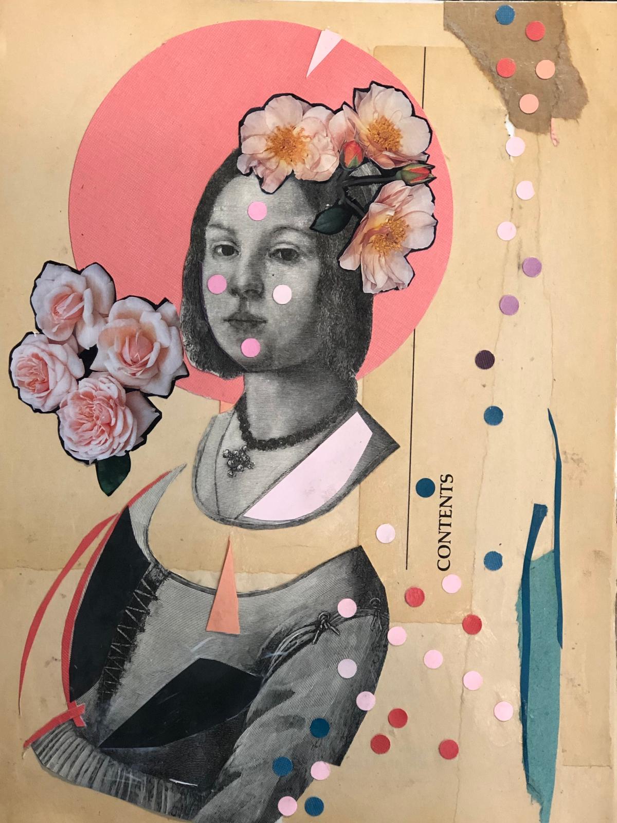 Collage art with a portrait of a woman with flowers and colorful elements on a textured background
