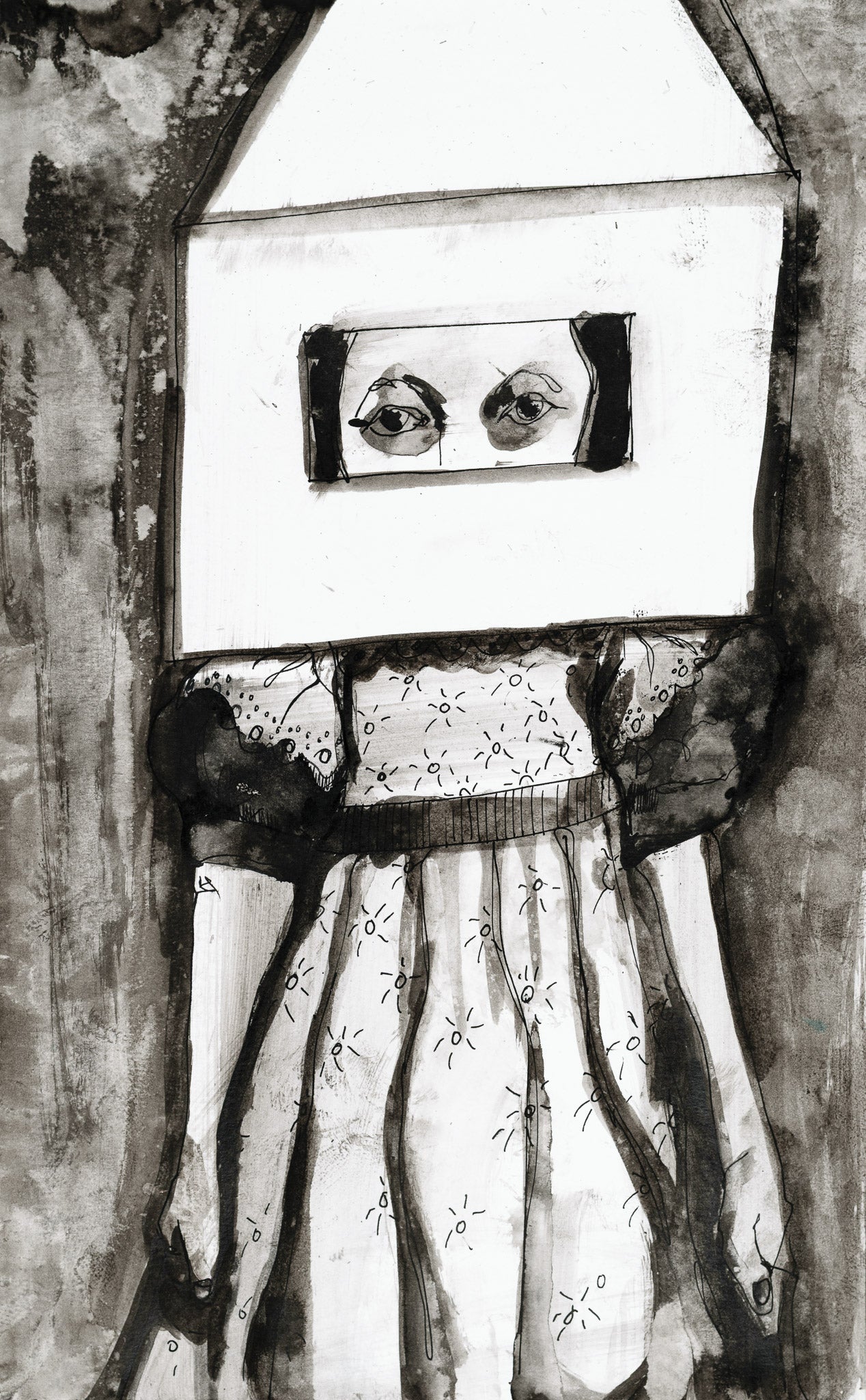 Black and white illustration of a girl with a house over her head, playing peek-a-boo, revealing her eyes thru the window.
