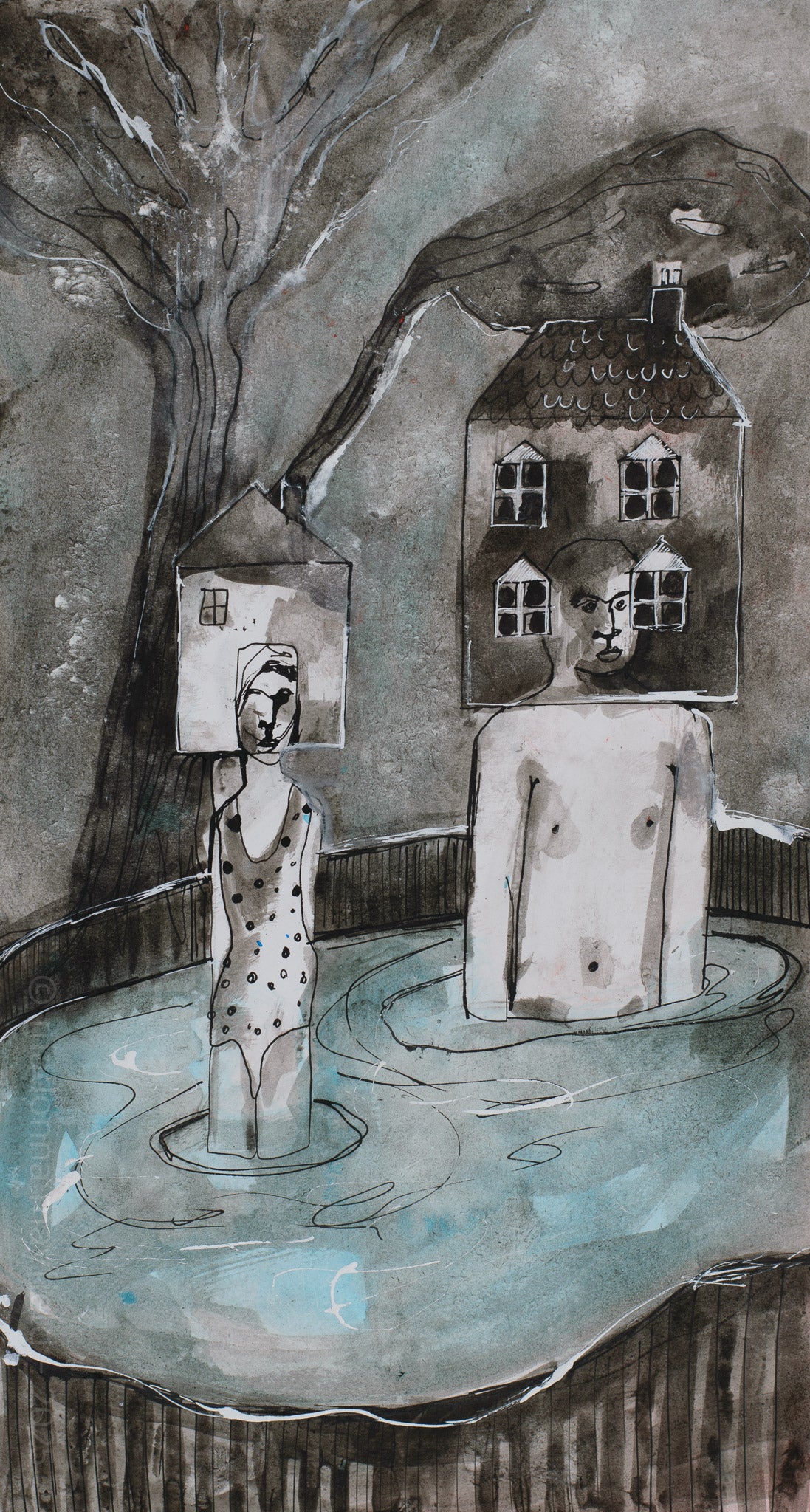 two figures with house heads in a back yard pool, surrounded by trees