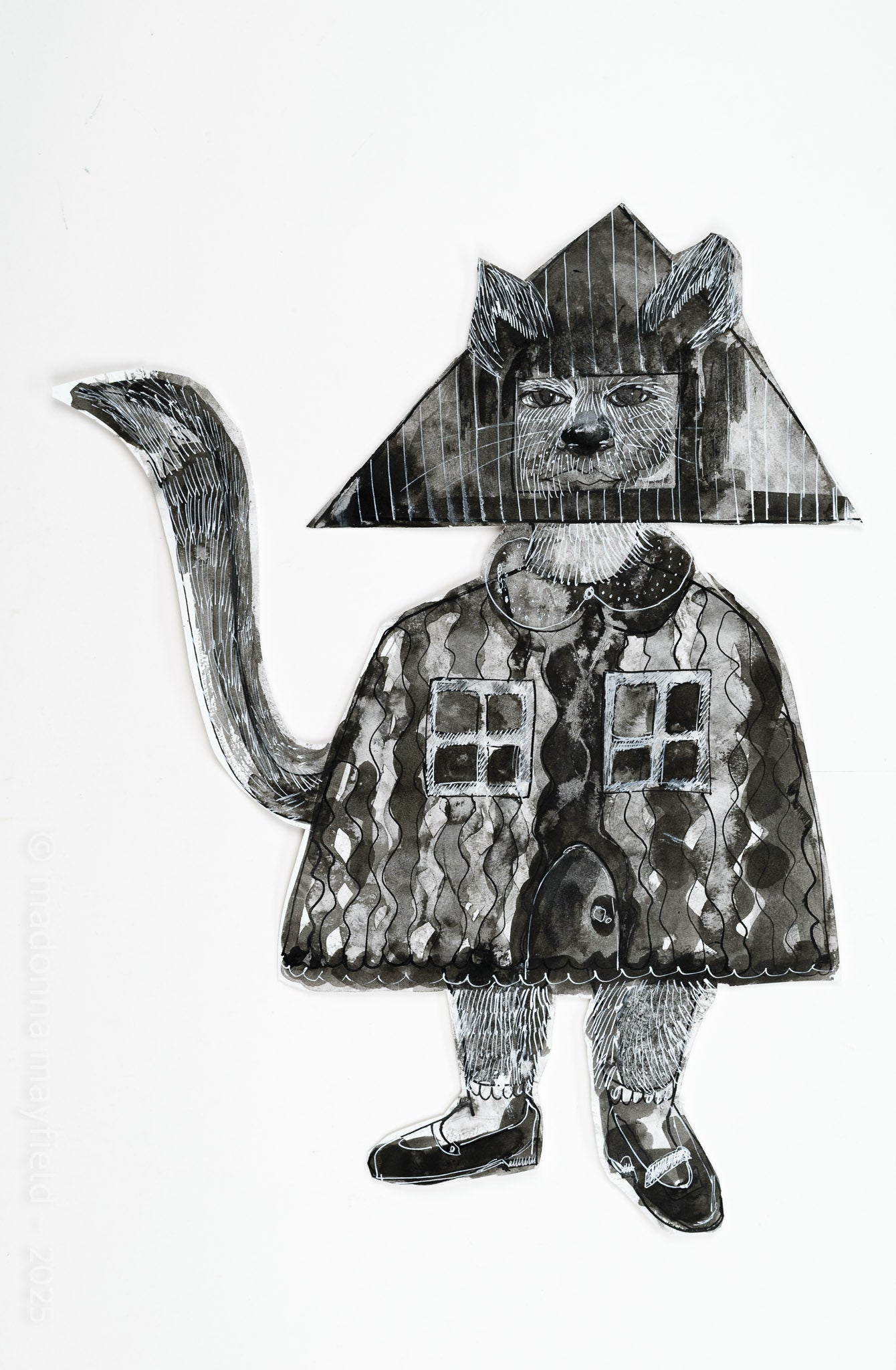 Black and white illustration of a cat-like figure wearing a patterned coat and a house on his head.