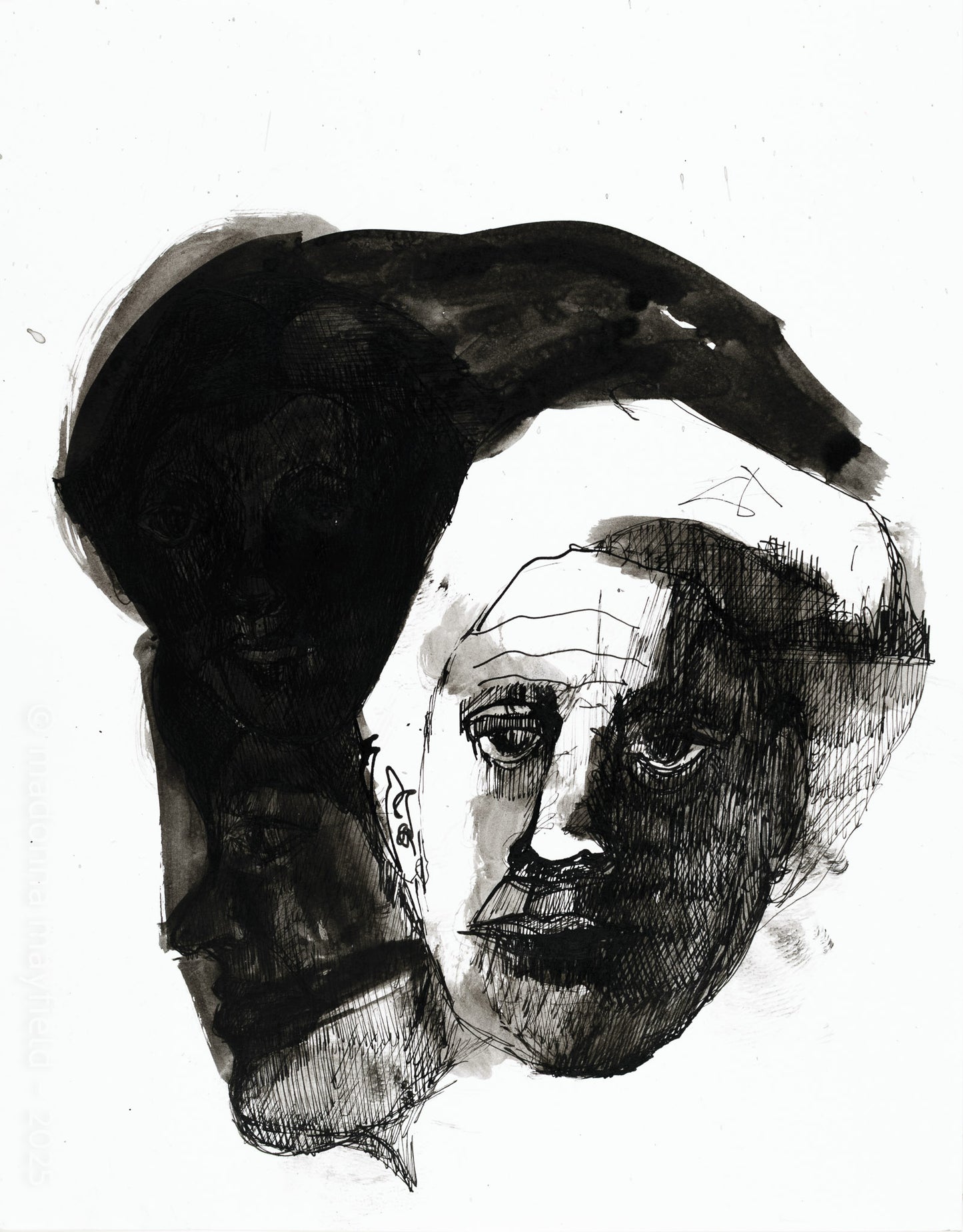 black ink painting of a face and its shadows