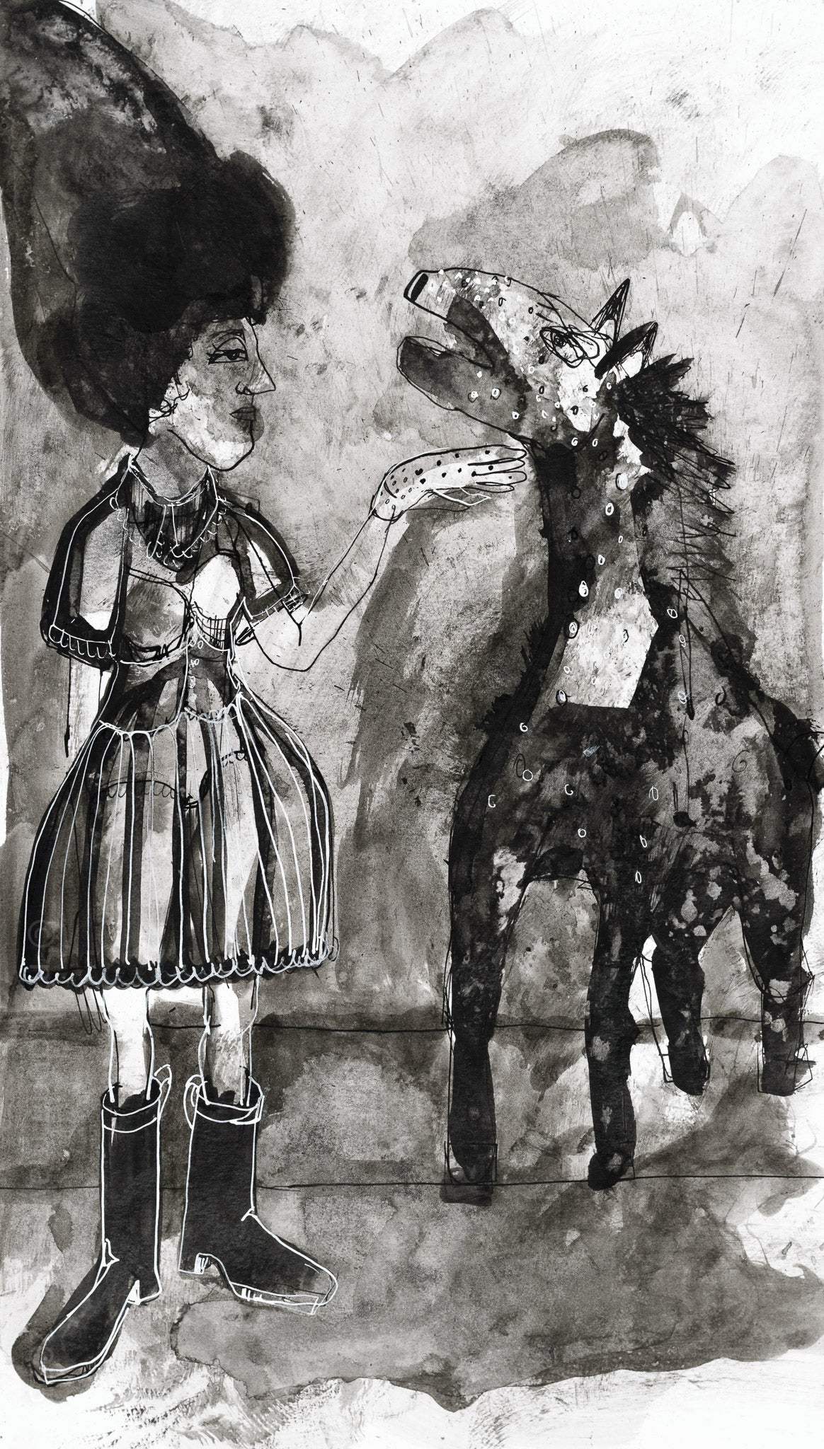 black ink painting of a woman in a dress caressing a horse.