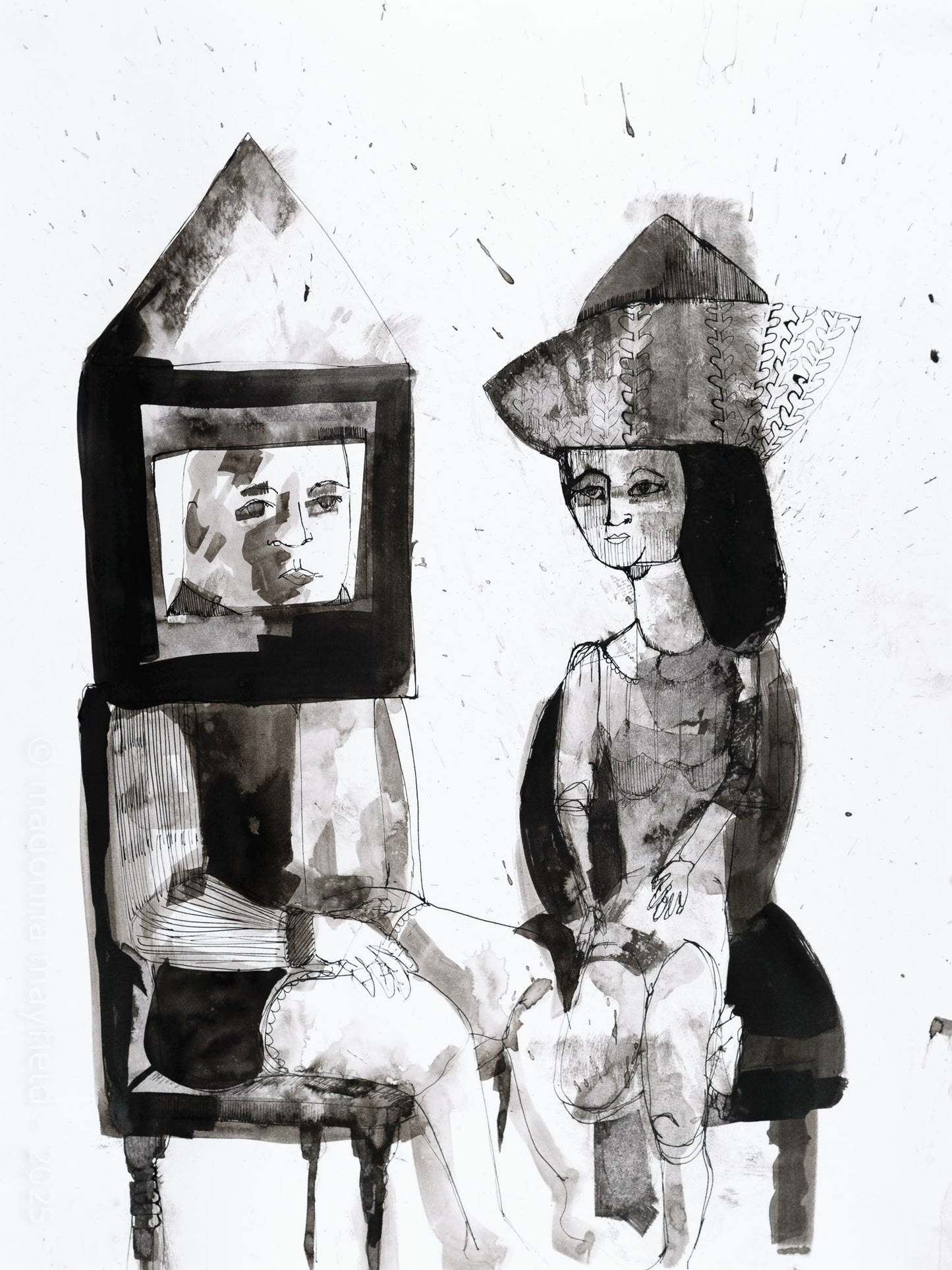 Black and white ink painting of a woman and a man sitting on chairs