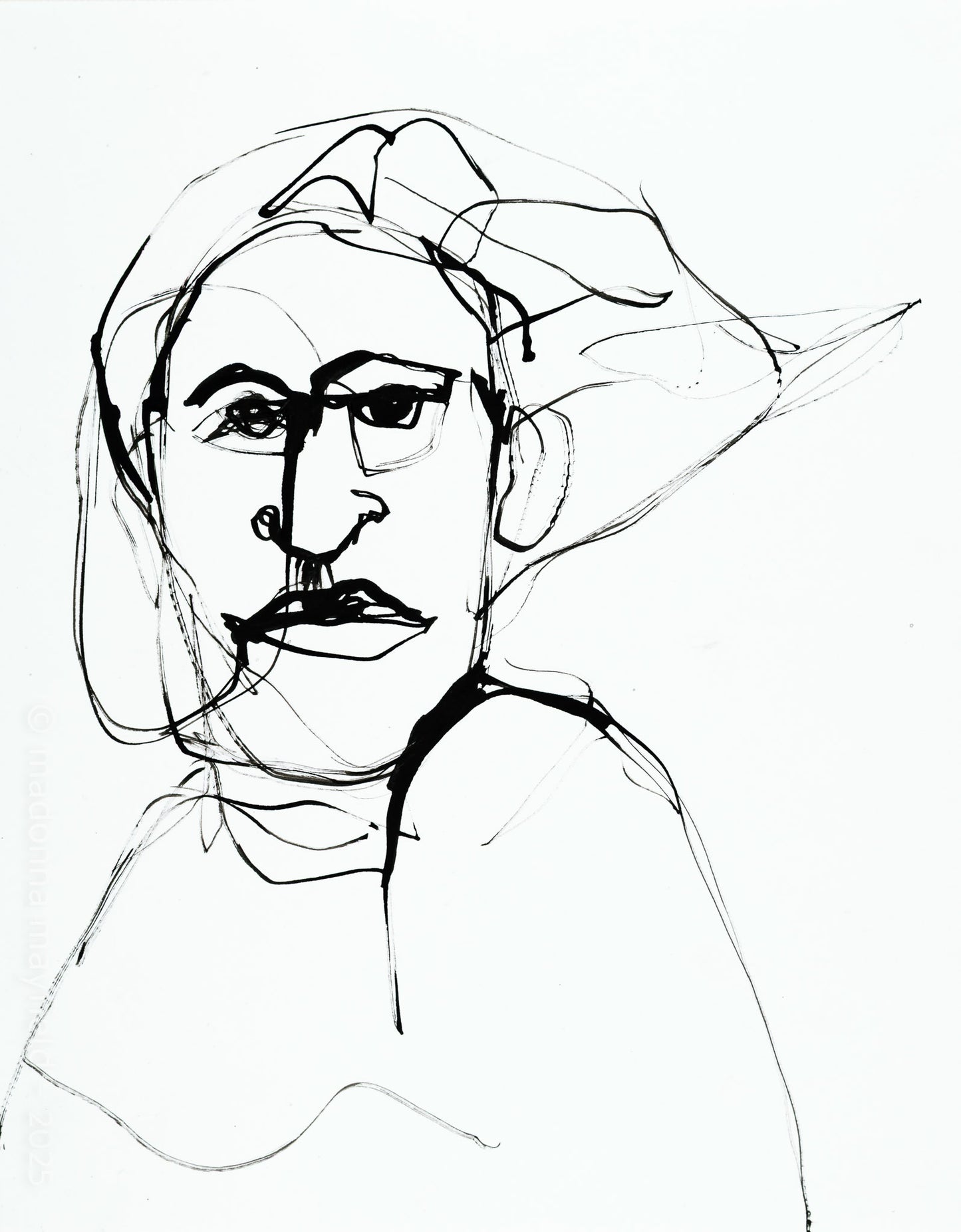 Black line drawing of a person with a headscarf on a white background