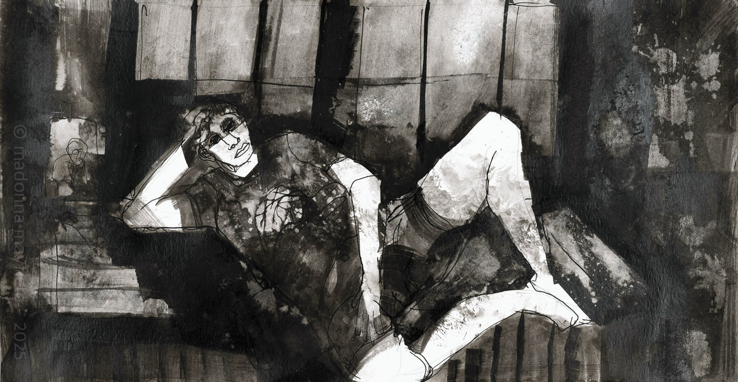 Black and white artwork of a person sitting on a couch with a book, surrounded by abstract elements.