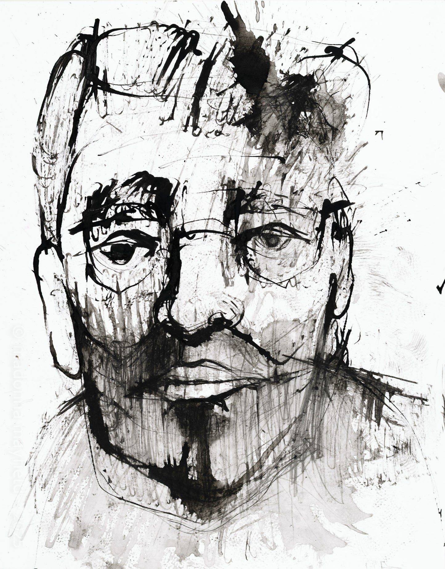 black ink painting, portrait of a man with glasses