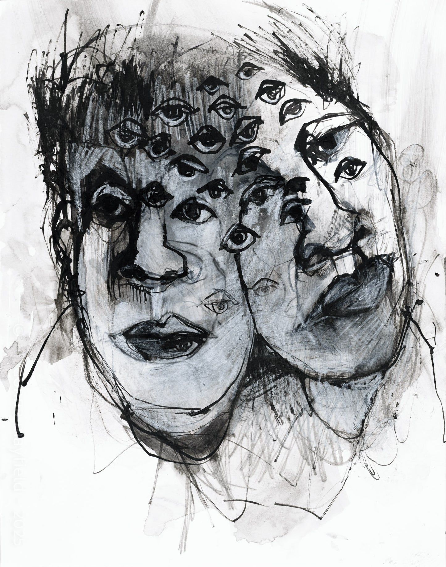 Black ink painting of a two faces with multiple eyes.