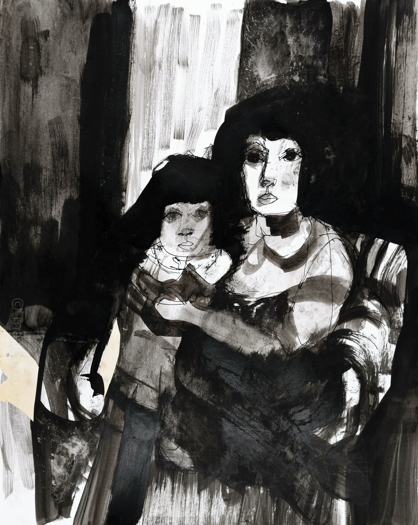 Black and white ink artwork of two figures holding hands against a textured background - mother & daughter