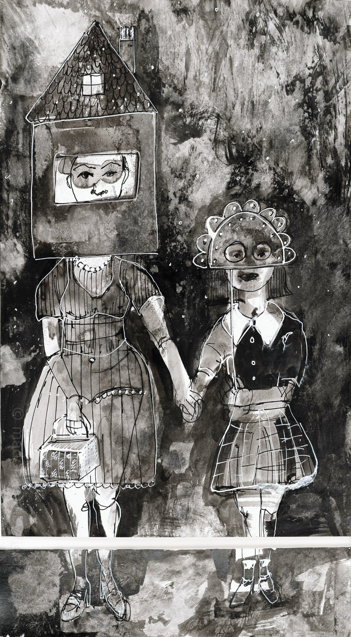 Ink painting of two women with houses on their head designs, mother and daughter holding hands against a dark background