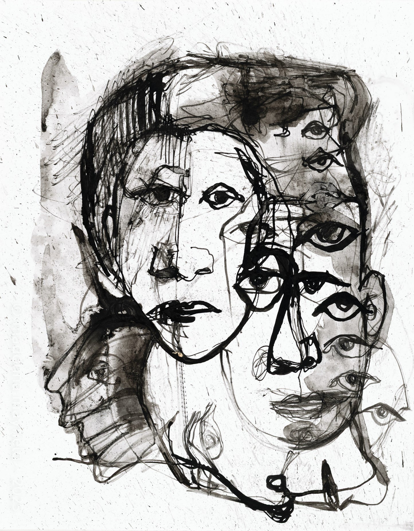 black ink painting of a person with many heads and many eyes.