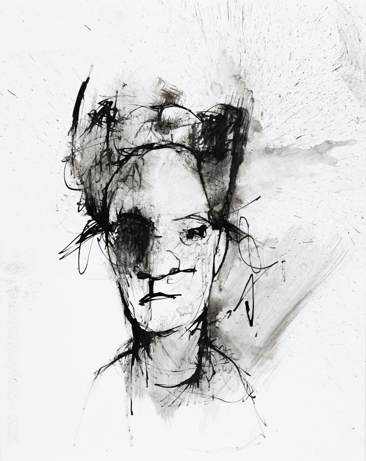 Black and white ink painting, portrait of a person on a textured white background