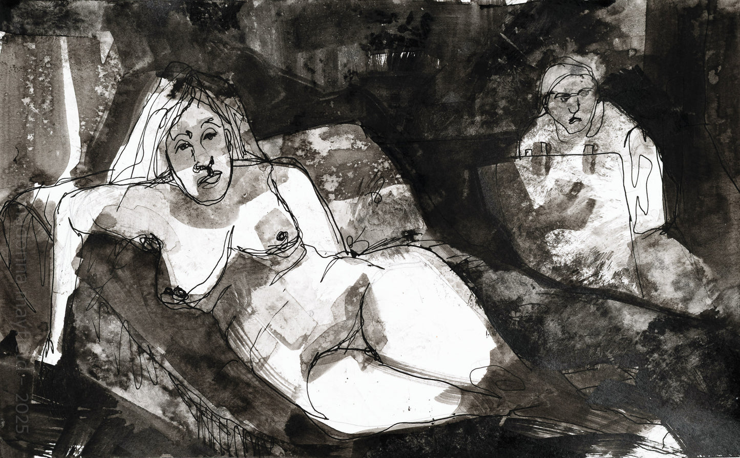 Black and white illustration of a woman lying on a bed with a man sitting beside her.