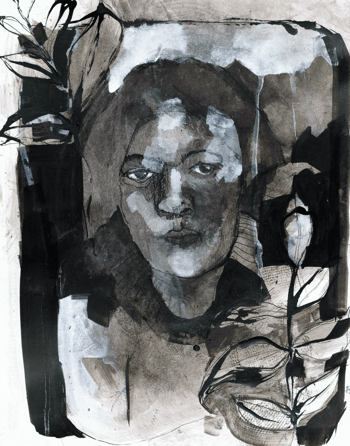 black ink painting, portrait of the night watcher in the forest