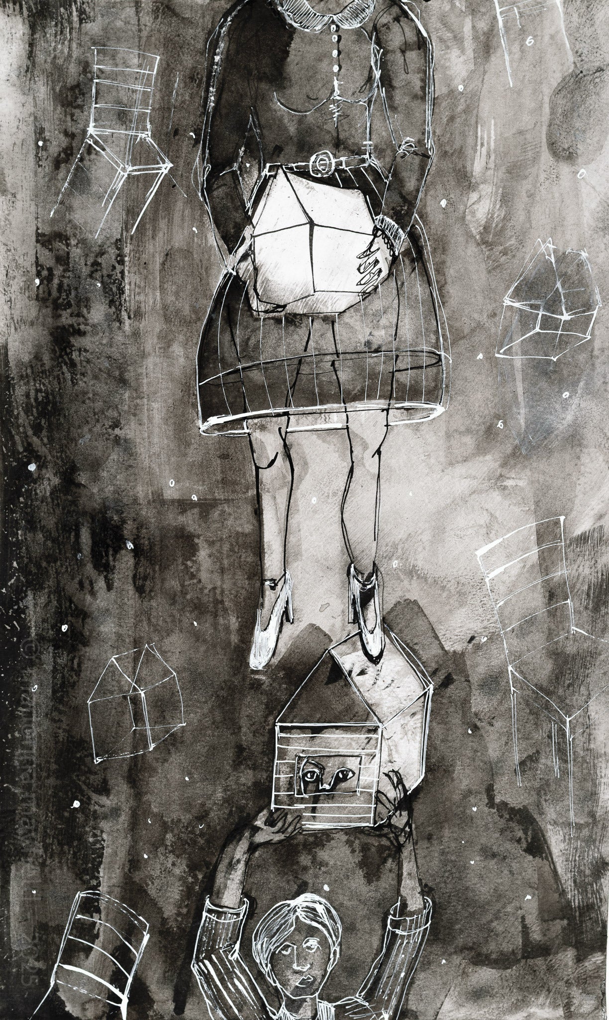 Black and white artwork of a person holding a birdcage with chairs, houses and abstract elements.