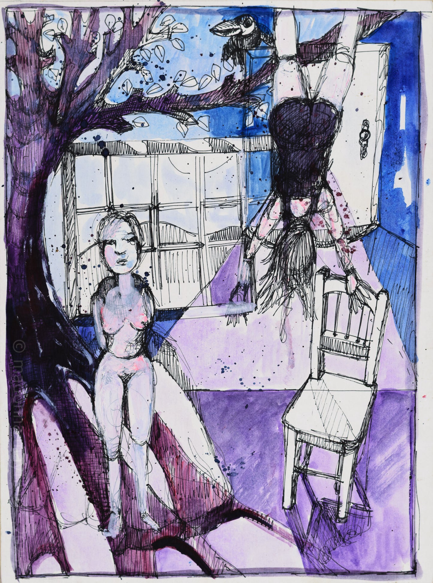 Artistic illustration of a woman under a tree looking at another woman hanging upsidedown with a chair, with a tree, a door and window in the background.