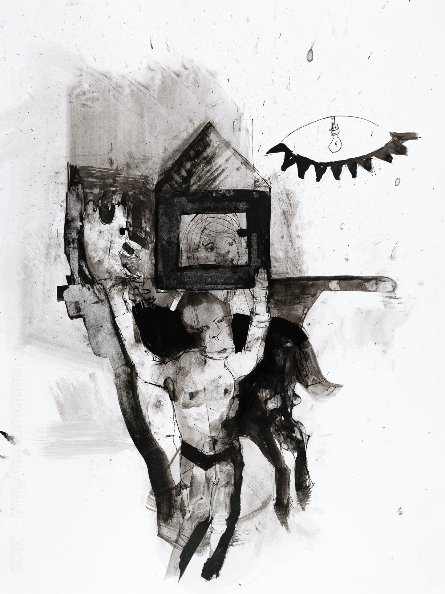 Black and white ink drawing of a girl riding a horse and a strong man holding them.
