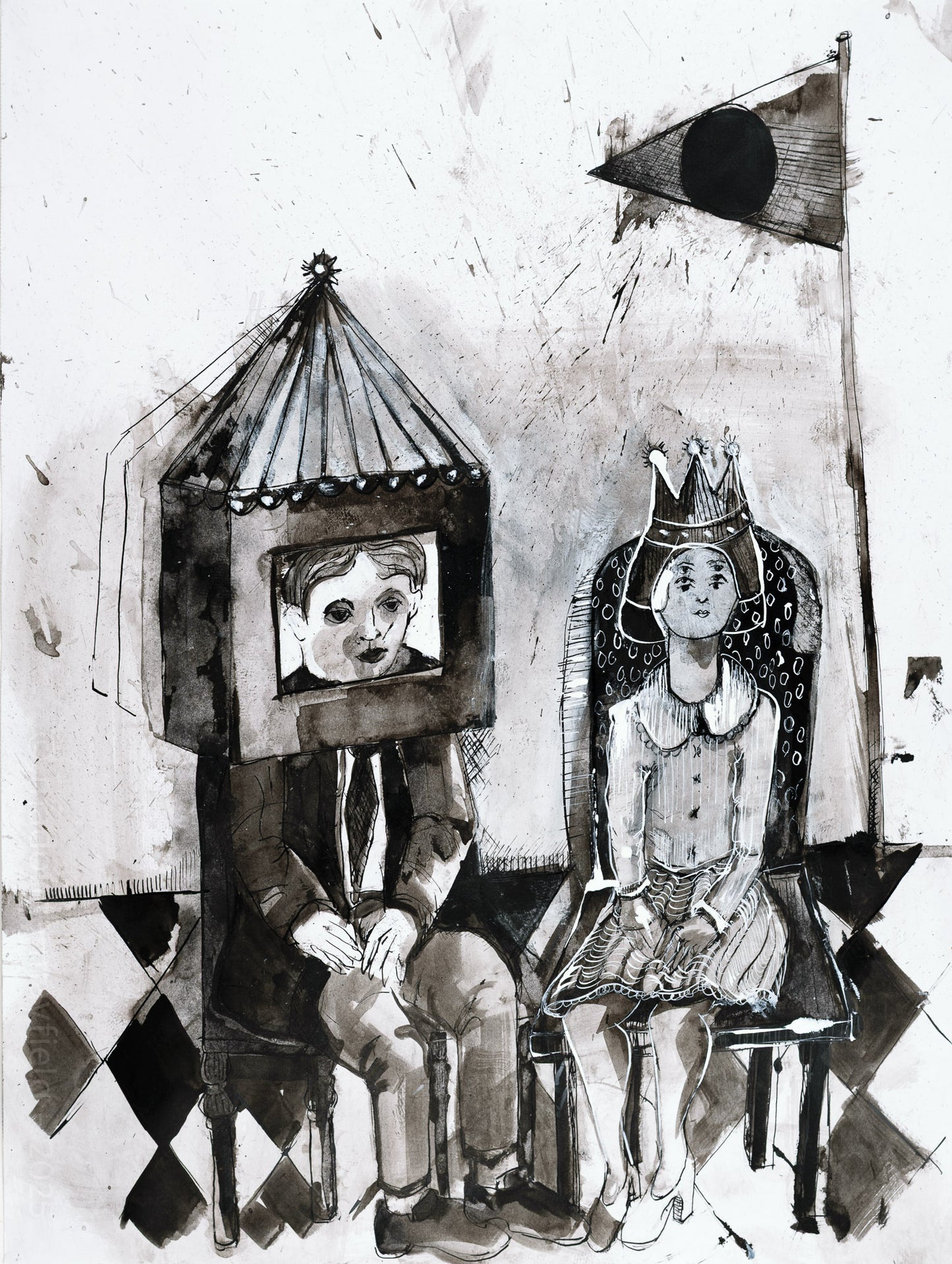Black and white ink painting of a man with a circus tent on his head and a woman with a crown sitting in chairs.