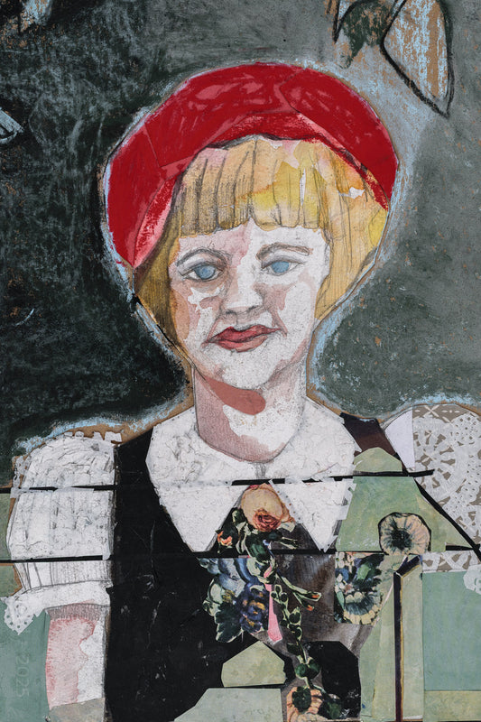 detail - girl with red hat and blouse with flowers