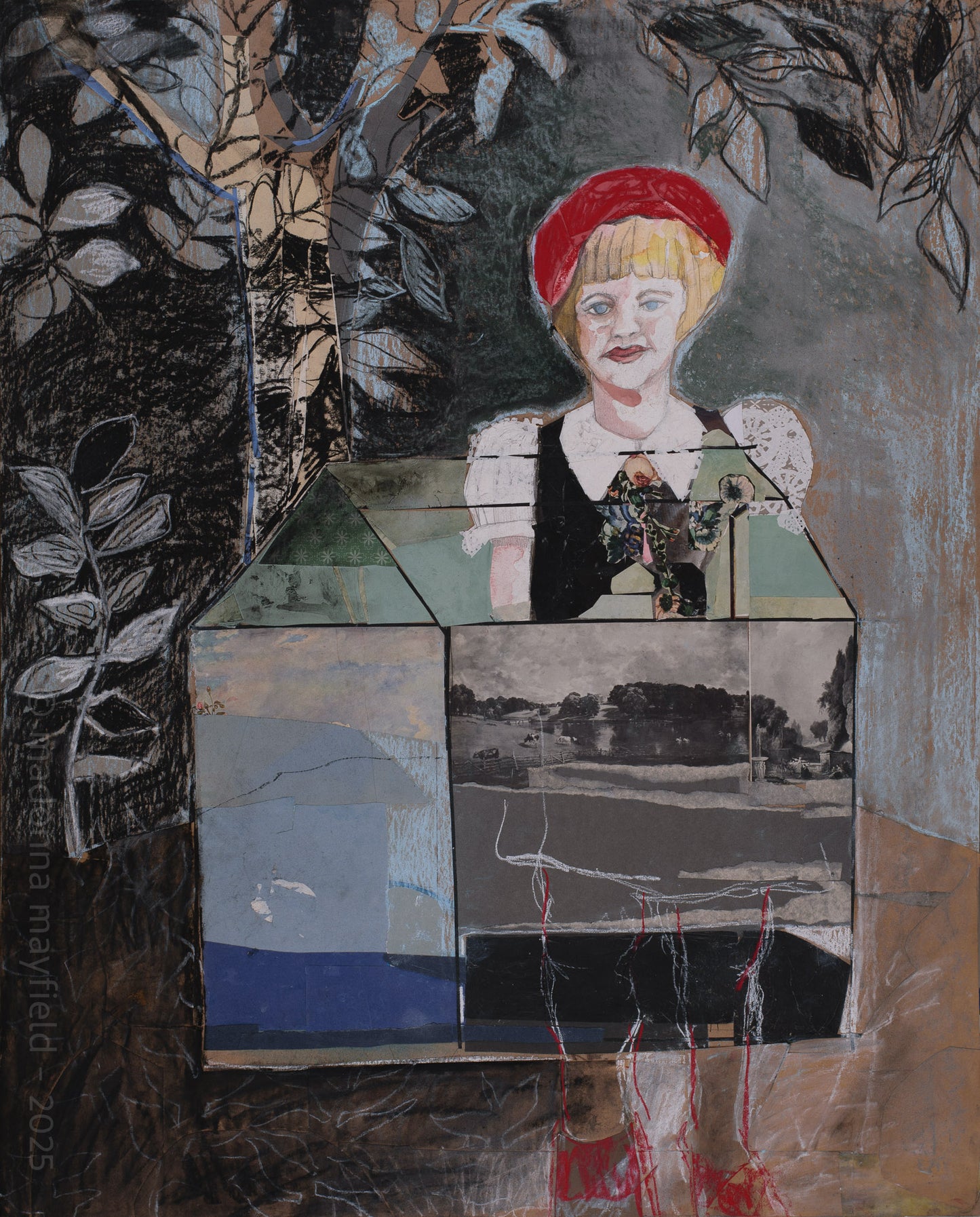 collage drawing girl with red hat in house under tree