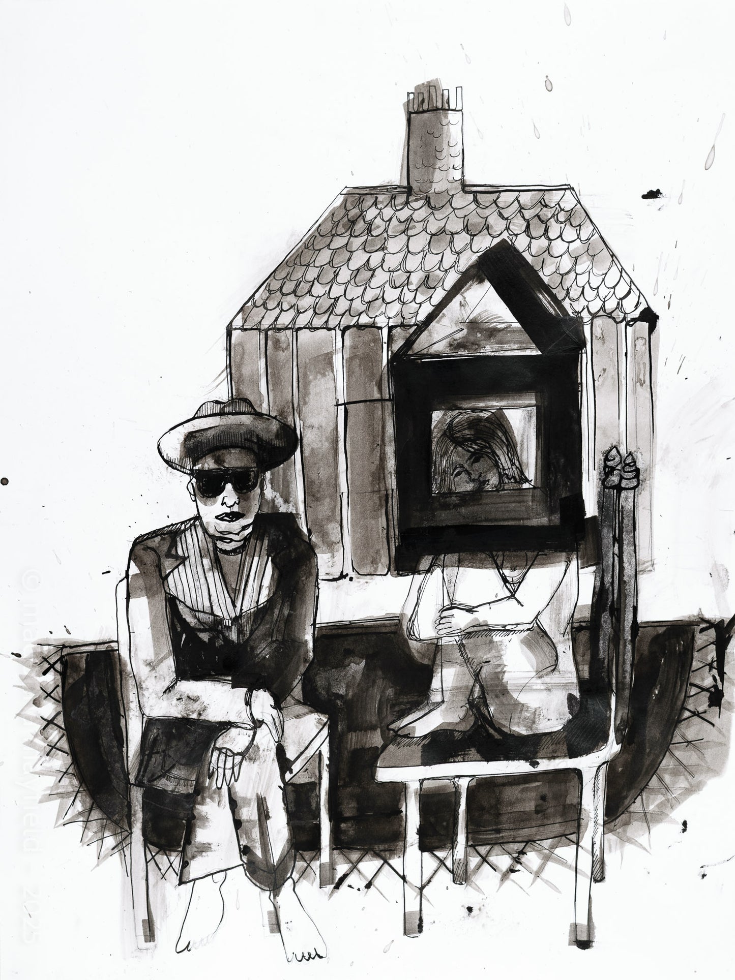 Black and white illustration of a person sitting in front of a small house with a painting inside.
