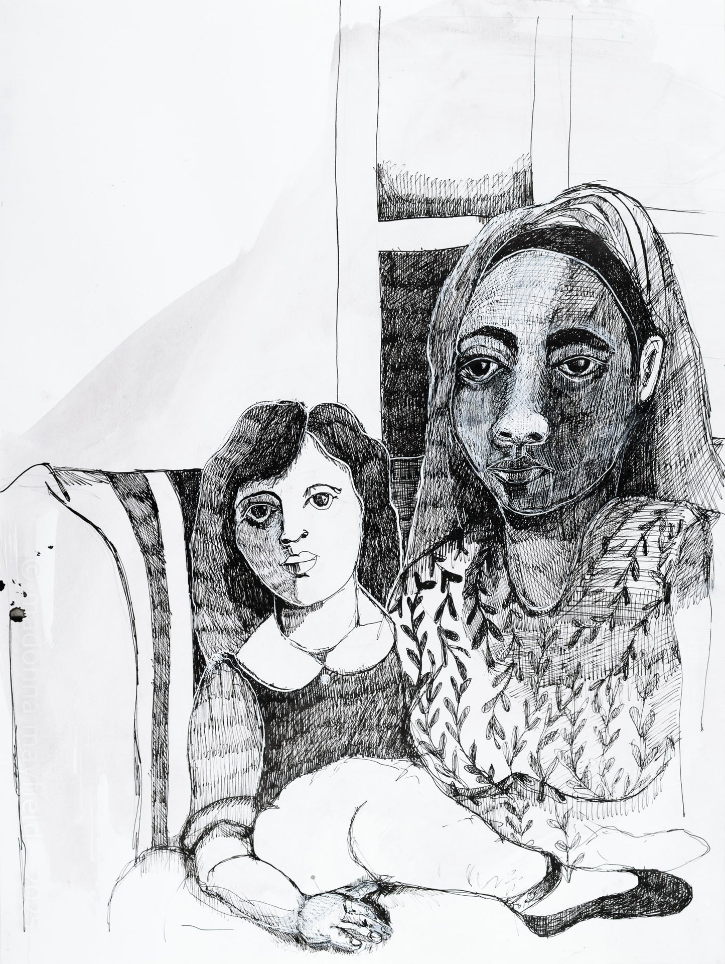 Black and white illustration of a mother holding her daughter