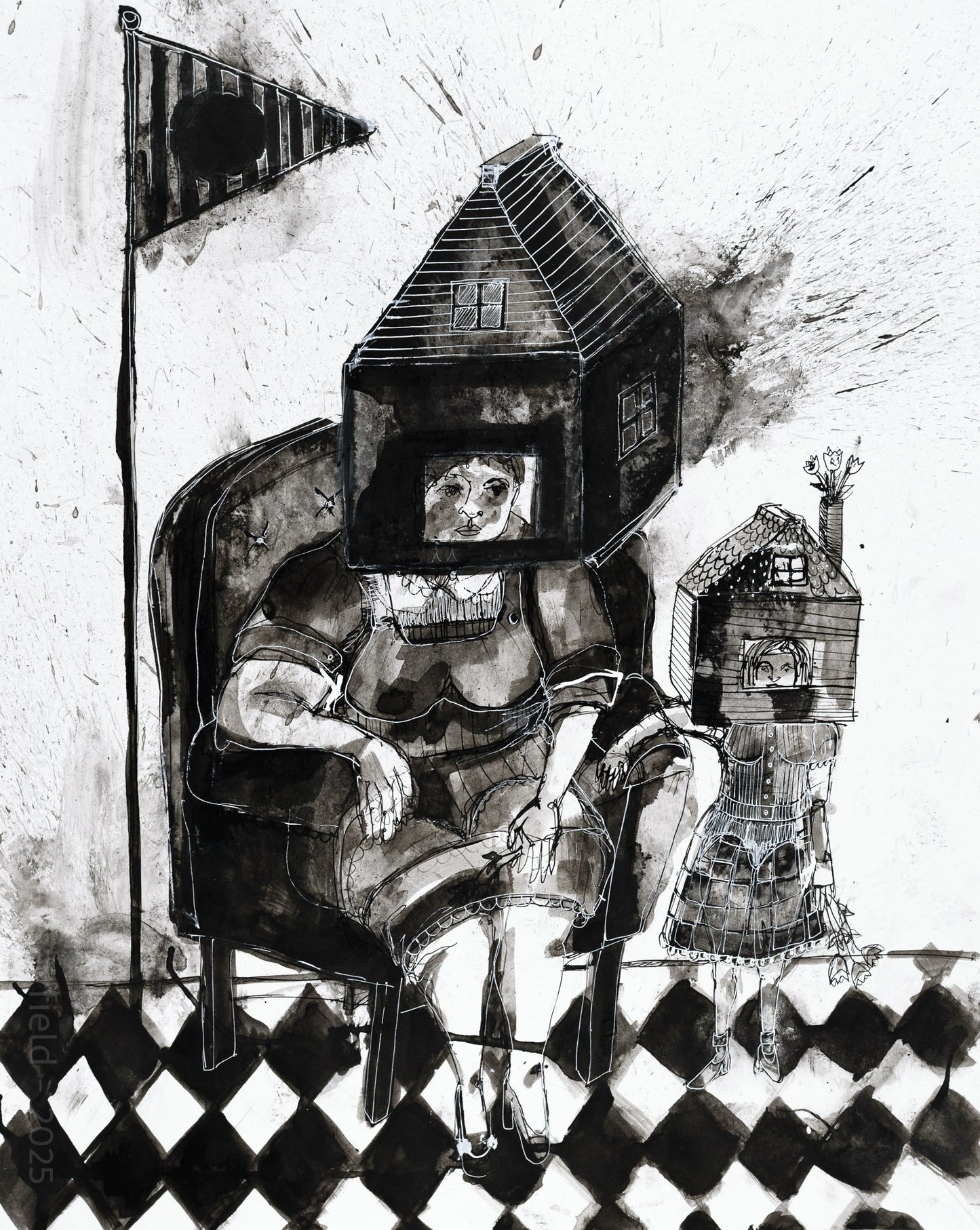 Black and white ink painting of a mother in a chair and her child with houses on their heads and a flag.