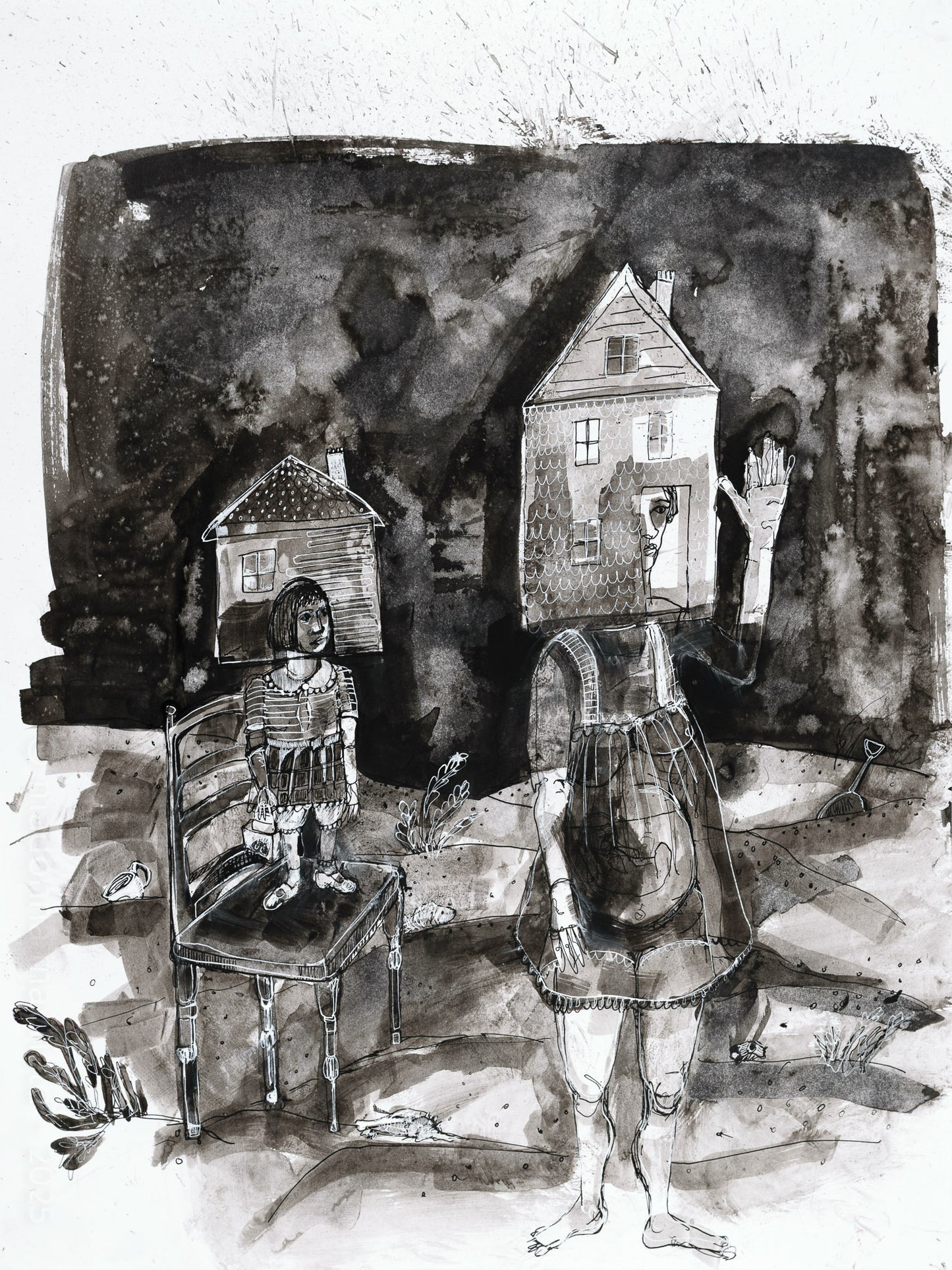 Black and white illustration of a child with a dollhouse and her mother walking at night