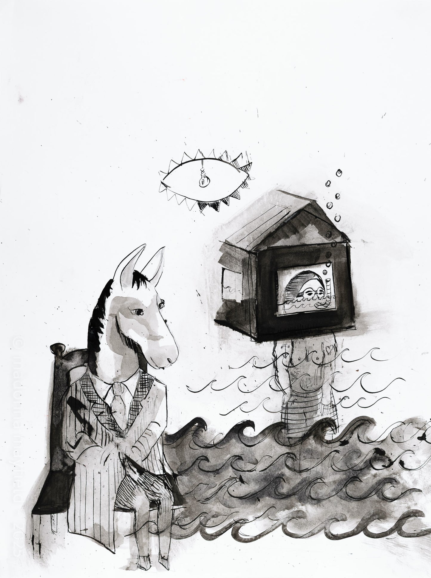Illustration of a person with a horse head sitting on a bench by the ocean with a diver in a house and eye-like object in the background.