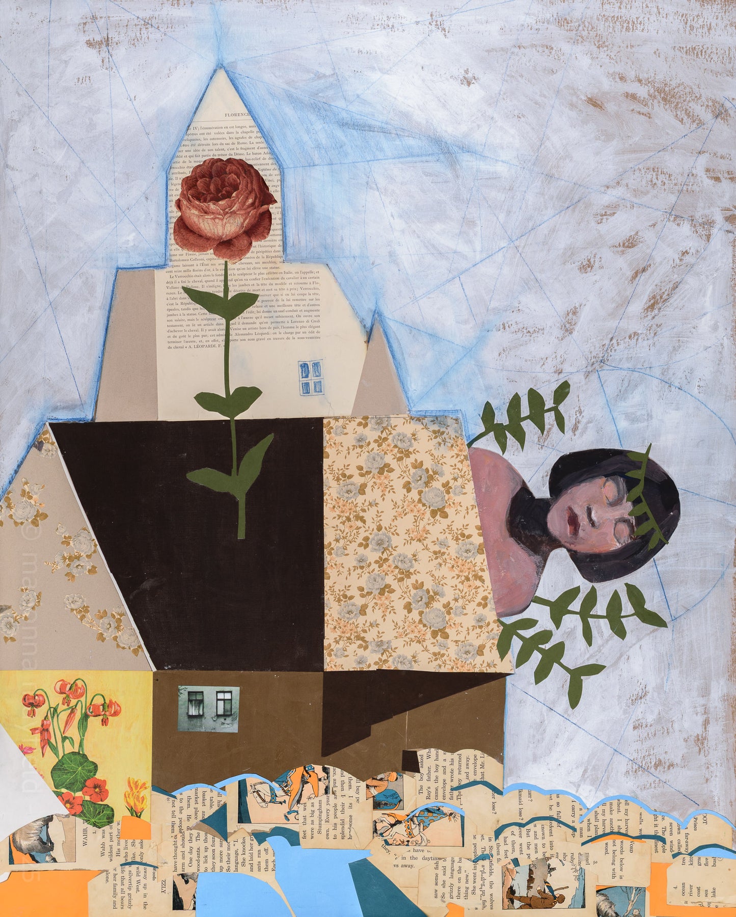 Collage art of a house, a garden, a rose, and a woman's face.