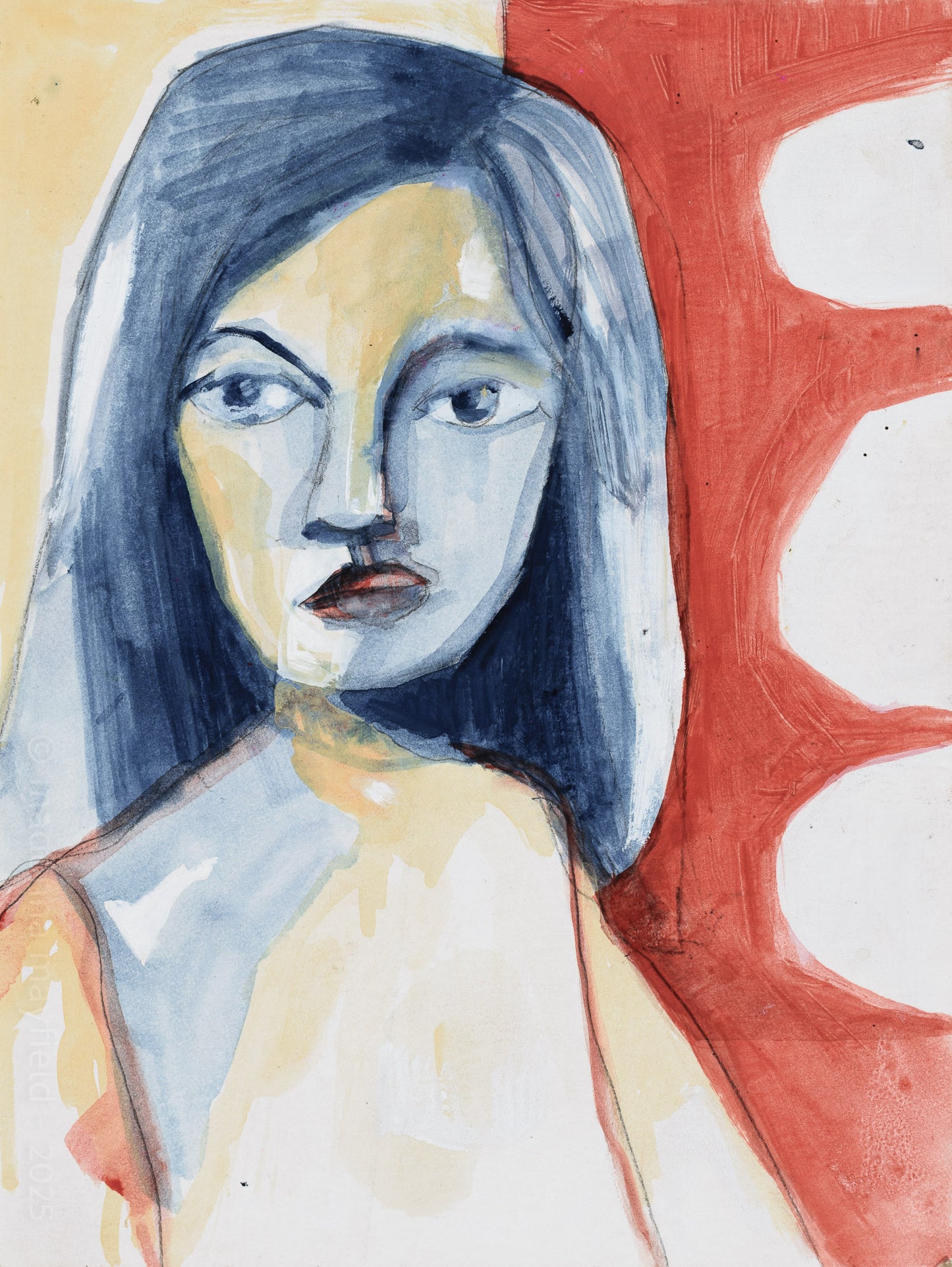 Artistic depiction of a woman's face with abstract red and beige background