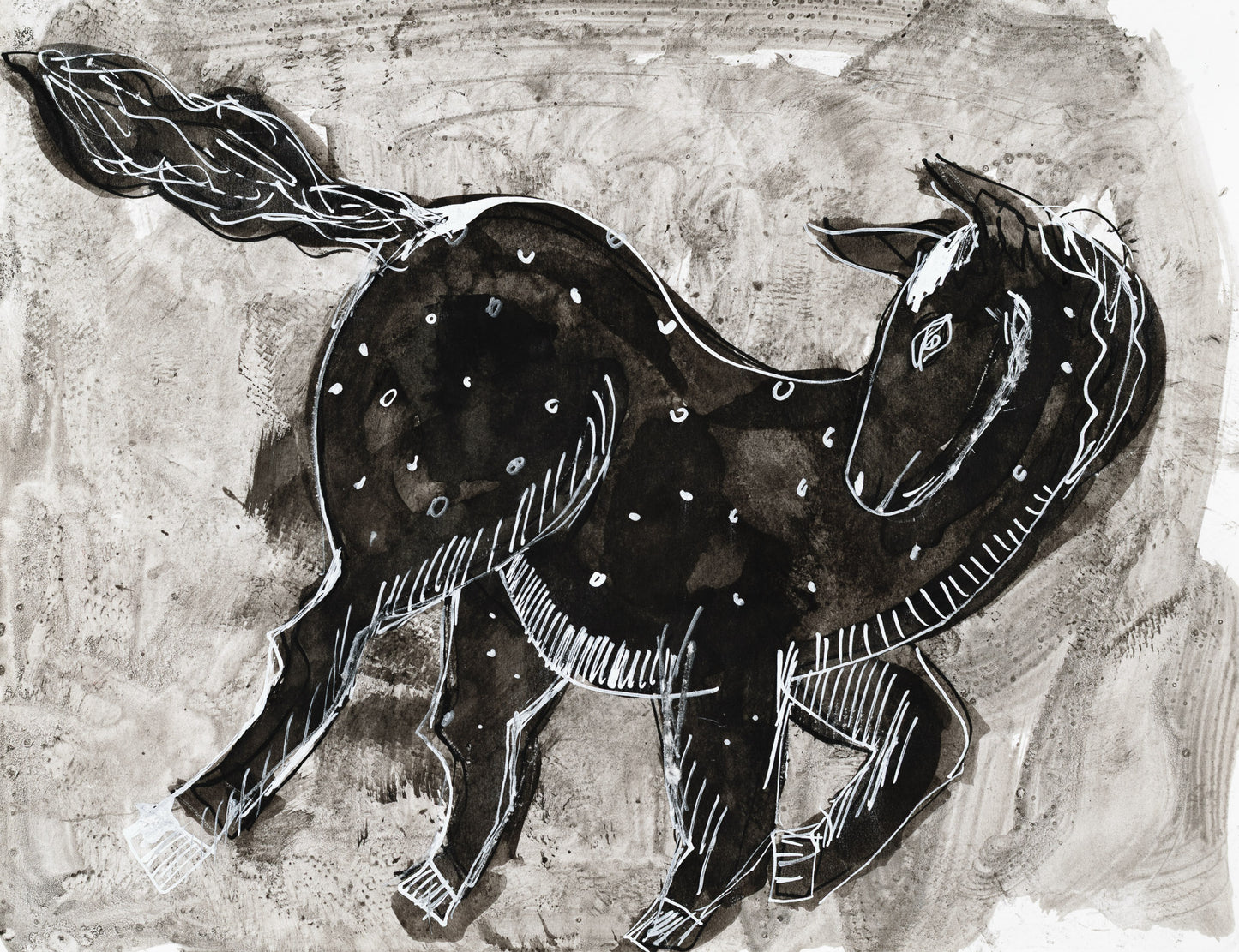 Black and white illustration of a horse on a textured background