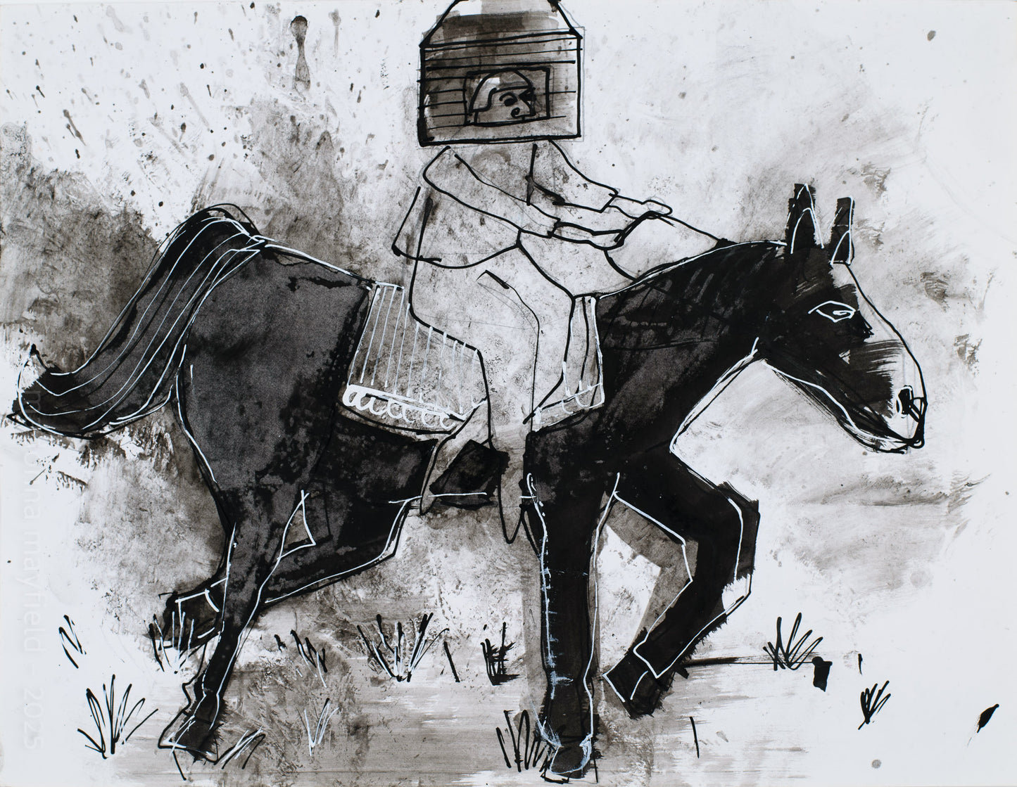 Black and white illustration of a person riding a donkey/horse with a house on their head
