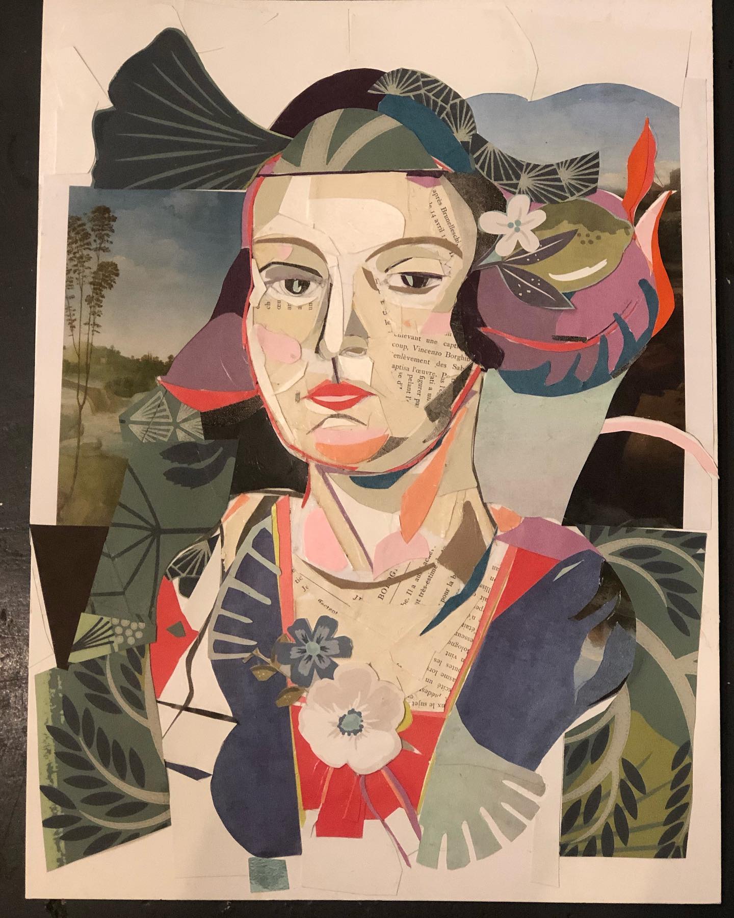 Collage art of a stylized woman with colorful hair and clothing, surrounded by nature elements.