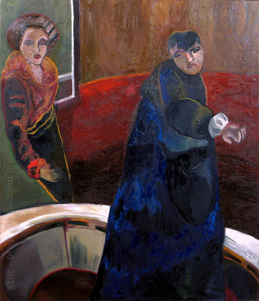 man in blue, woman with fur