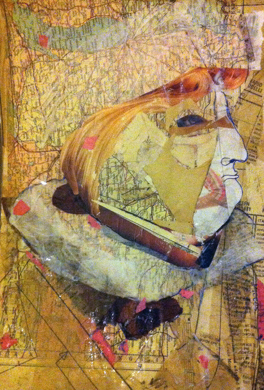 Collage art with a king's face and a ship on a textured background