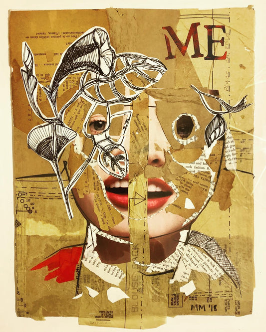 Collage art with a woman's face, leaves, and text on a textured background