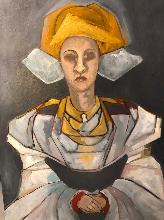 Painting of a person wearing a yellow headscarf and traditional clothing.