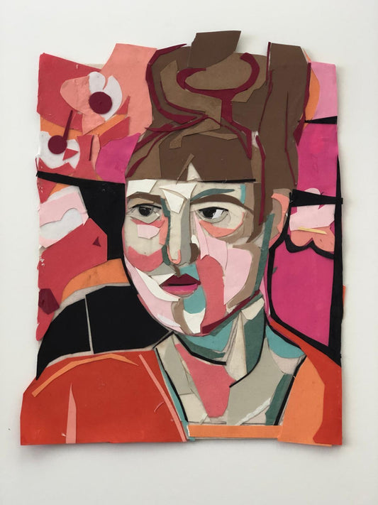 Abstract art piece with a stylized face on a colorful background