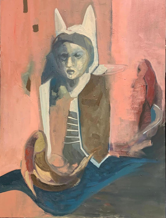 Abstract painting of a figure with animal-like features on a pink background