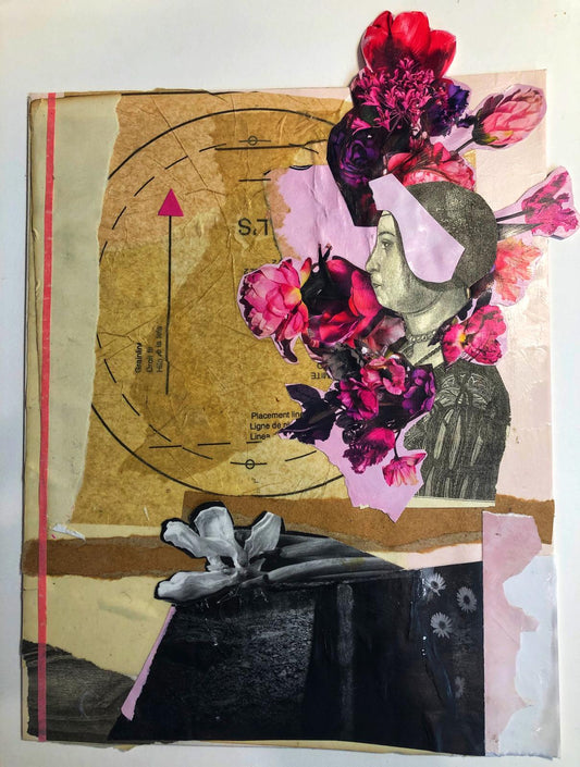 Collage art with flowers, a woman's face, and a hat on an old book cover.
