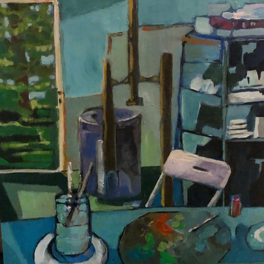 Artistic depiction of an artist's studio with painting materials and a chair.