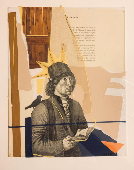 Collage-style artwork with a person holding a book, a bird, and abstract elements.