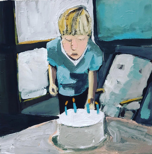 Painting of a child blowing out candles on a birthday cake.
