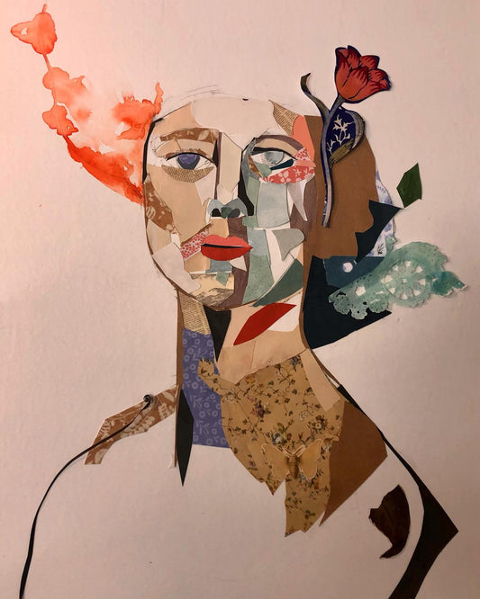 Artistic collage of a face with floral elements on a plain background