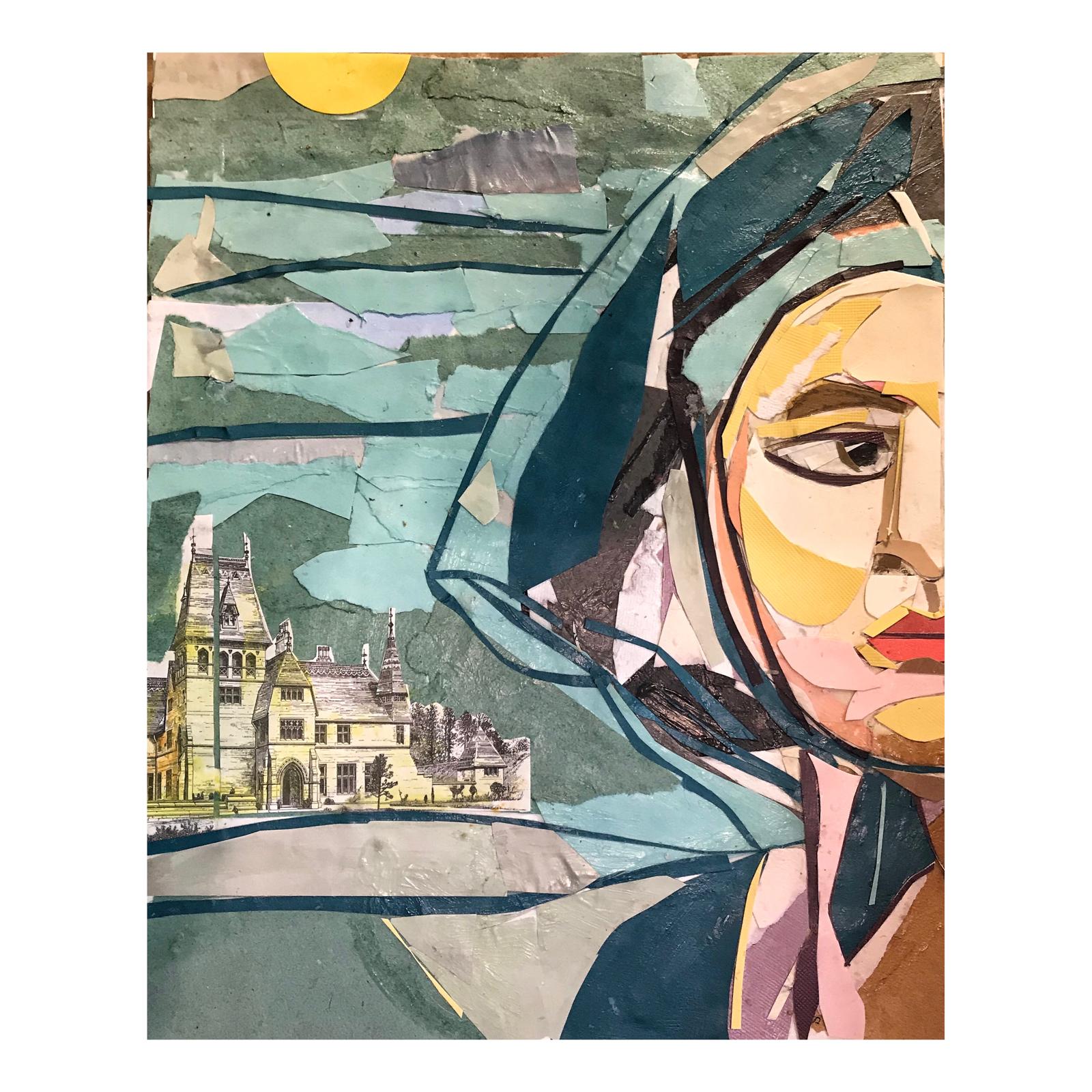 Collage art with a woman's face and architectural elements