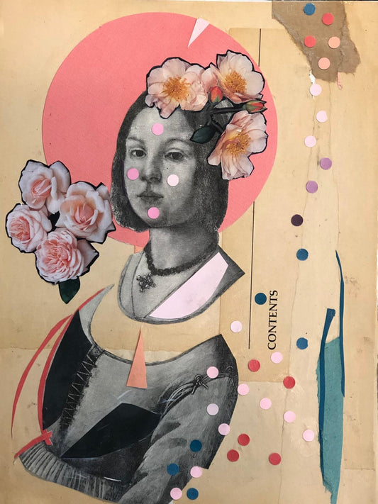 Collage art with a portrait of a woman with flowers and colorful elements on a textured background