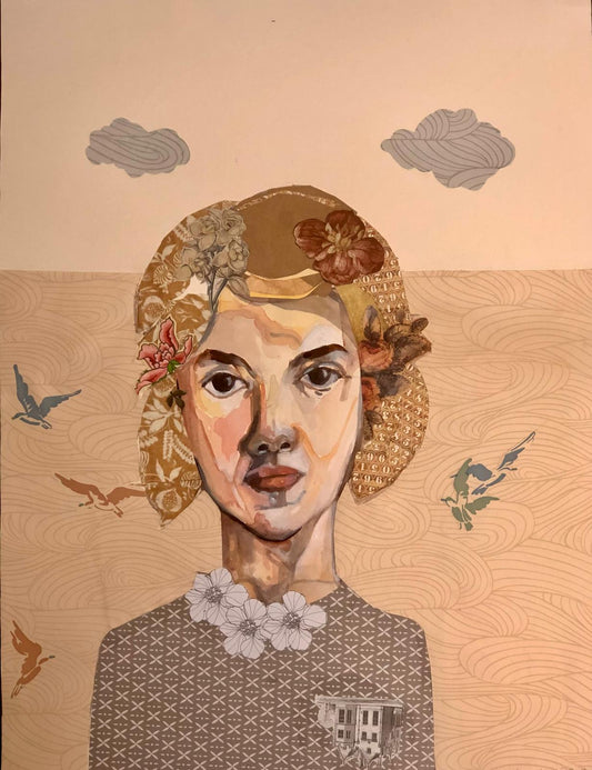 Artistic portrait of a woman with floral headpiece and patterned dress on a textured beige background.
